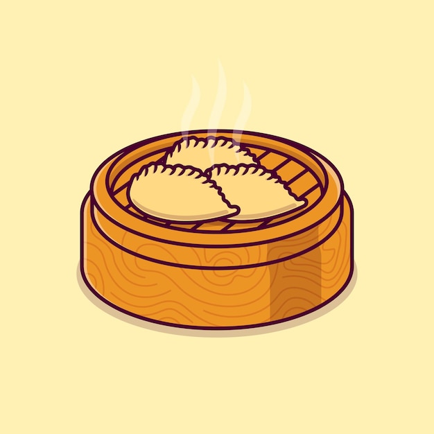 Vector steamed hakau or dimsum in a bamboo steamer basket isolated cartoon vector