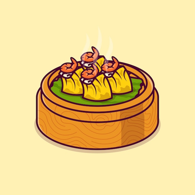 Steamed shrimp dimsum in a bamboo steamer basket isolated cartoon vector