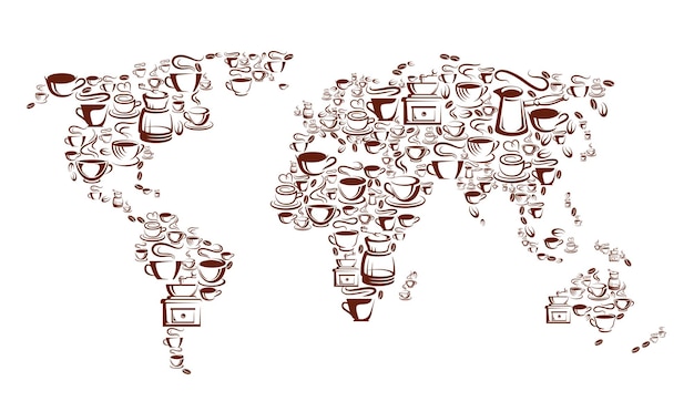 Vector steaming coffee cups pots and beans world map