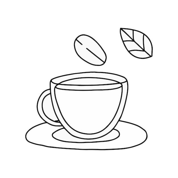 Vettore una tazza di caffè al vapore con fagioli e foglie galleggianti in un semplice doodle
