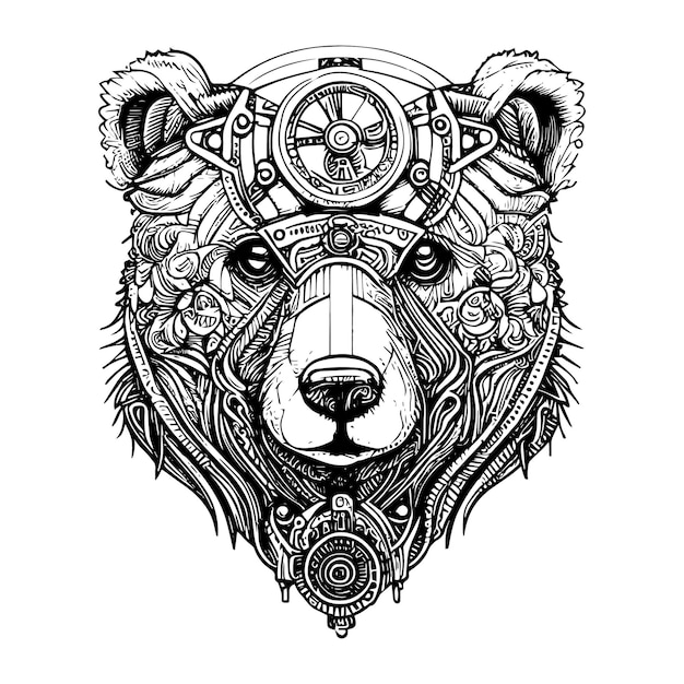 Vector steampunk bear drawing depicts a mechanical bear with gears pipes and rivets power and strength