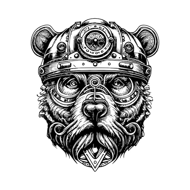 steampunk bear head wearing bikers motorcycle helmet logo design