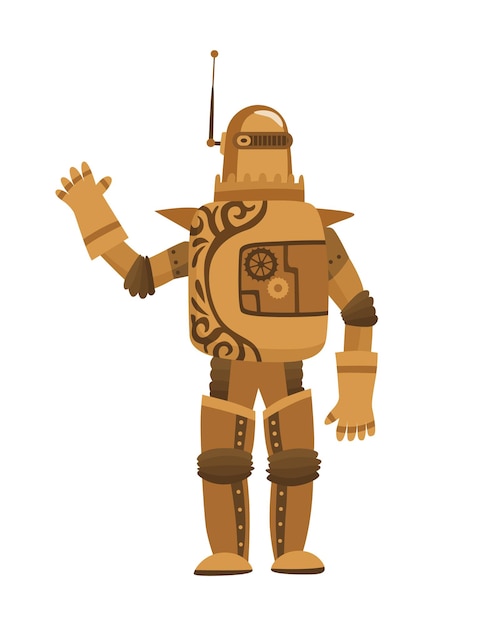 スチームパンクなファッション技術、スチームパンクなロボットの衣装を着た漫画の男とファンタジーヴィンテージイラスト。スチームパンクの発明。機械要素を持つ人々のキャラクター