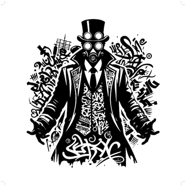 Vector steampunk guy silhouette people in graffiti tag hip hop street art typography illustration