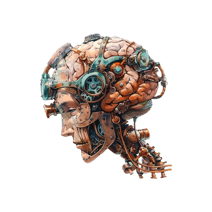 Vector steampunk human brain vector illustration in watercolor style