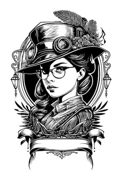 Steampunk mooi meisje met bril en hoedenillustratie