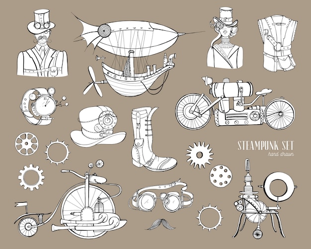 Steampunk 개체 및 메커니즘 수집 기계, 의류, 사람 및 기어. 손으로 그린 빈티지 스타일 일러스트 세트입니다.