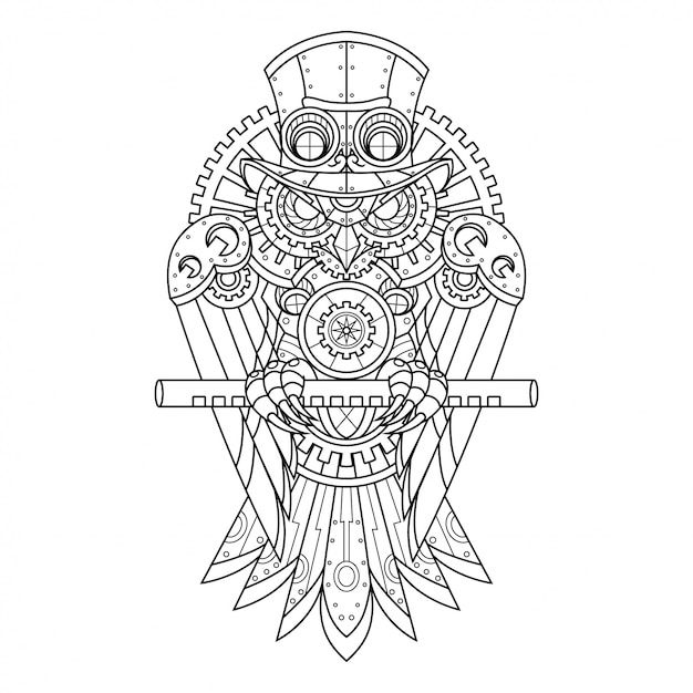 Steampunk owl illustration in stile lineare