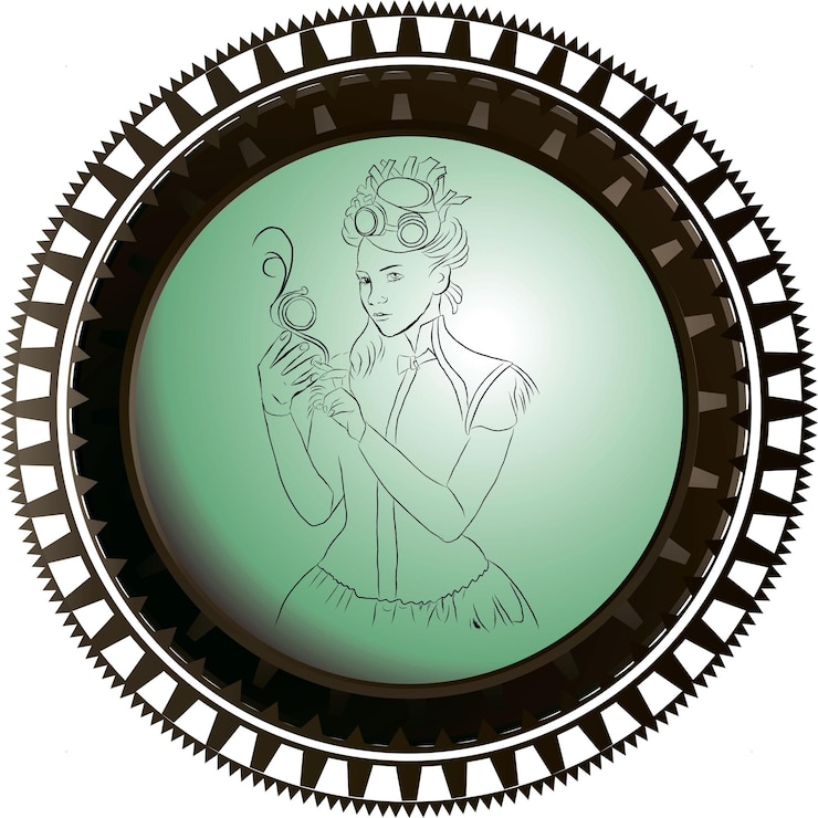 वेक्टर steampunk pendant medallion button with a girl with cogs and gears