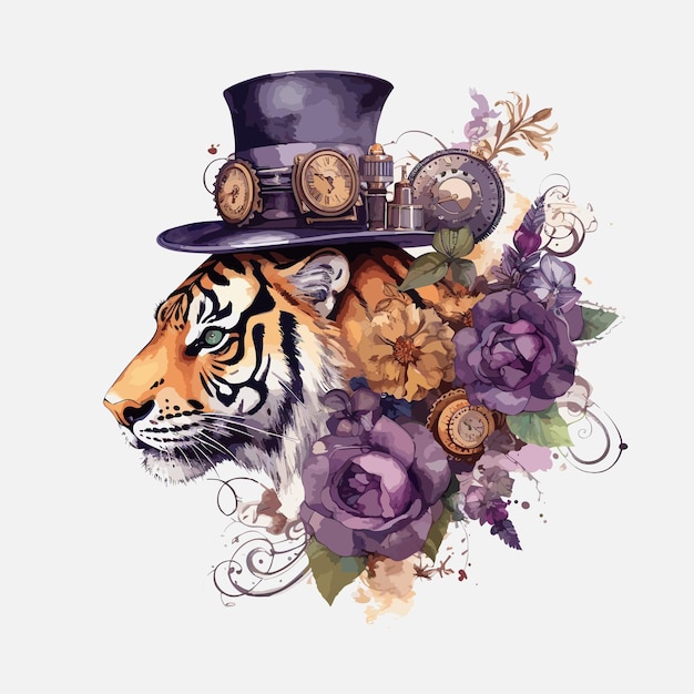 Steampunk tiger vintage vector illustration for tshirt purple flowers tiger wearing purple hat