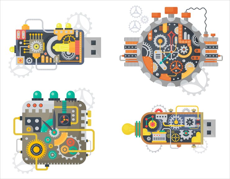 Vector steampunk  vintage clock watches face and usb flash drive with cogs and gears isolated