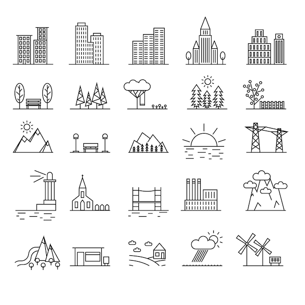 Stedelijk landschap elementen zwarte dunne lijn icon set vector