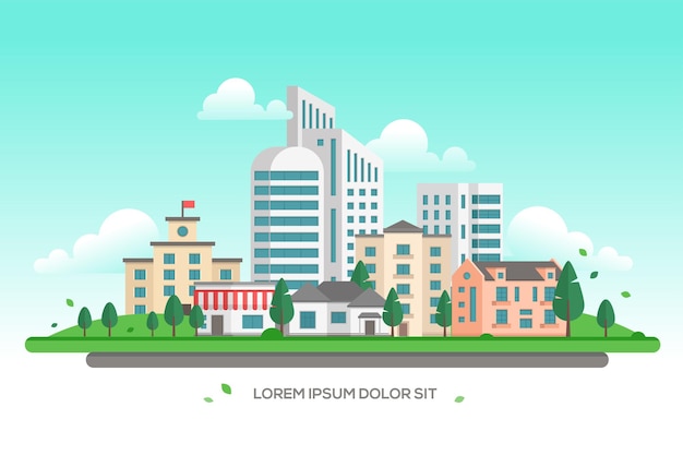 Stedelijk landschap - moderne vectorillustratie met plaats voor tekst. Mooie stad of stad met wolkenkrabbers en kleine gebouwen en huizen met lage verdiepingen, bomen, wolken in de lucht