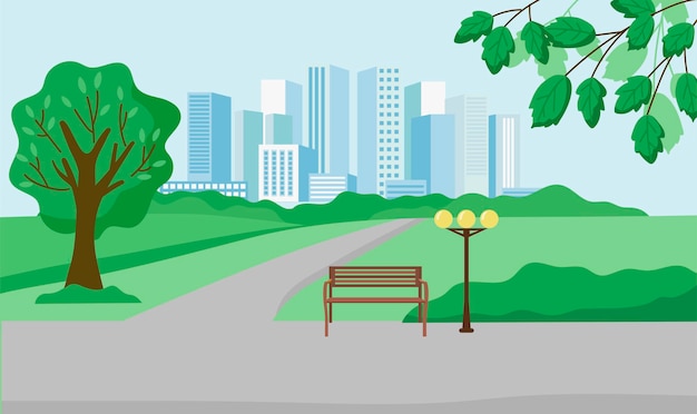 Vector stedelijk zomerlandschap een bank met bomen in het stadspark een moderne milieuvriendelijke stad