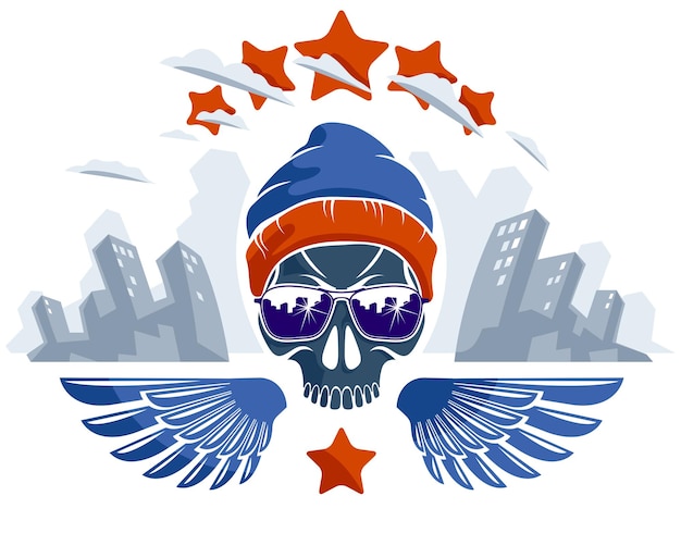 Stedelijke cultuur stijl schedel in zonnebril vector logo of embleem, gangster of misdadiger illustratie, anarchie chaos hooligan, getto thema.