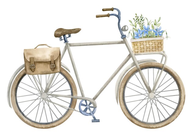 Vector stedelijke fiets met mand met blauwe bloemen en leerachtige tas handgetekende aquarel illustratie van oud retro stadsvervoer op witte geïsoleerde achtergrond tekening van vintage fiets voor reizen in een stad