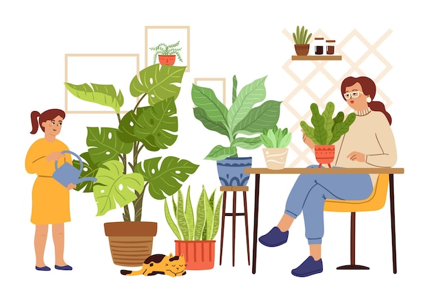 Stedelijke jungle Tuinieren moeder dochter meisje drenken vrouw planten in potten Scandinavische huis tuin vector concept