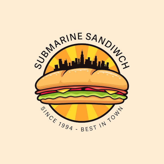 Stedelijke onderzeeër sandwich logo badge vectorillustratie met metropolis stad silhouet centrum onderzeeër sandwich logo