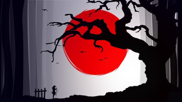 Vector stedelijke samurai met boom behang japans thema behang silhouet van een samurai behang