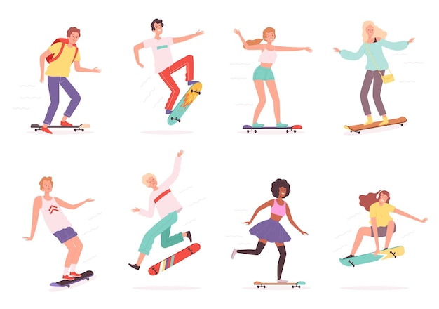 Stedelijke skateboarders. outdoor tekens renners in actie poses springen skaters vector skateboard. skateboard en skateboarden, skateboarder sportactiviteit buiten illustratie