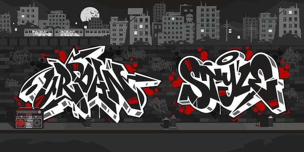 Stedelijke stijl graffitimuur met tekeningen 's nachts tegen de achtergrond van de stadsbeeld vectorillustratie