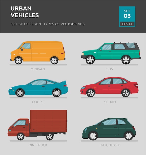 Stedelijke voertuigen. Set van verschillende soorten vector auto's sedan