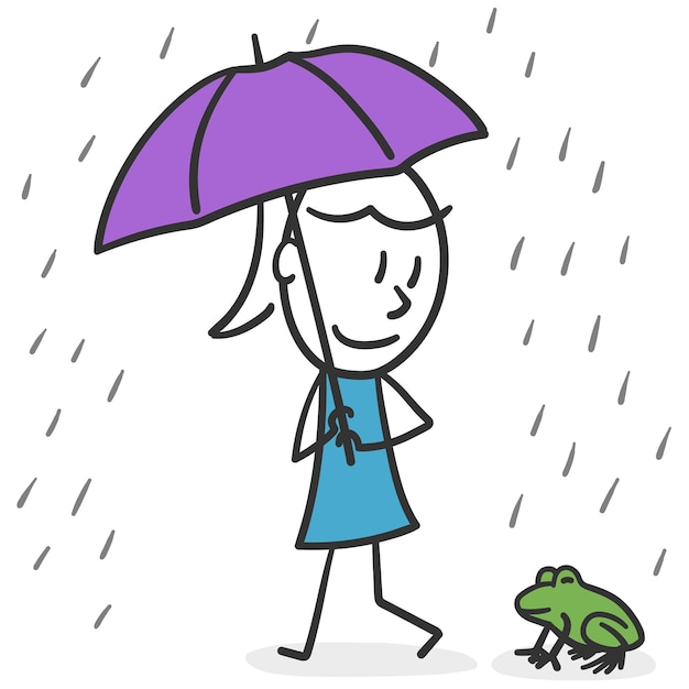 Steek vrouw in de regen naast een kikker Concept vrouw in verbinding met de natuur