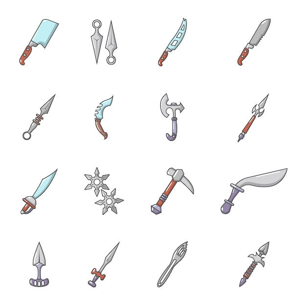 Steel arms items icons set