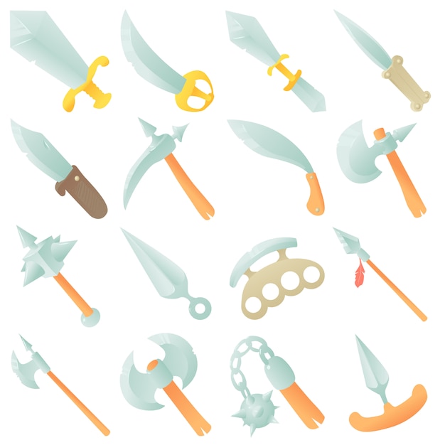 Steel arms items icons set