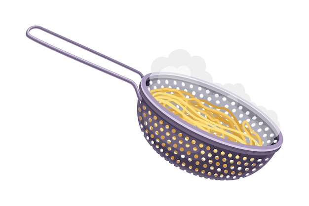 Steel Colander with Pasta as Draining Step for Cooking Carbonara Vector Illustration