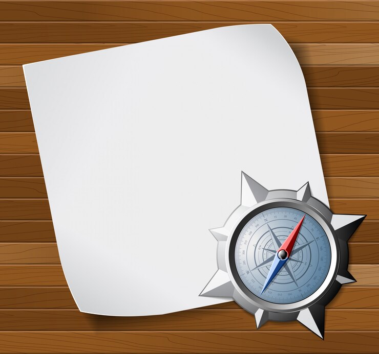 Vector steel compass and white paper over wooden background