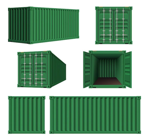 Vettore contenitori in acciaio gabbie di carico realistiche spedizione contenitori in acciaio modello vettoriale decente raccolta di spedizioni di pacchi di container illustrazione
