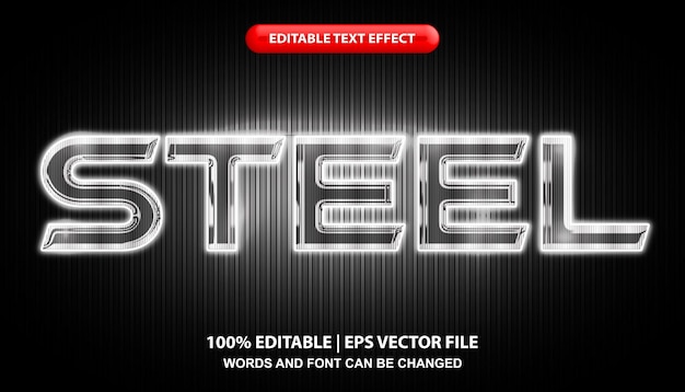 Steel editable text effect template, silver glowing neon light effect font style