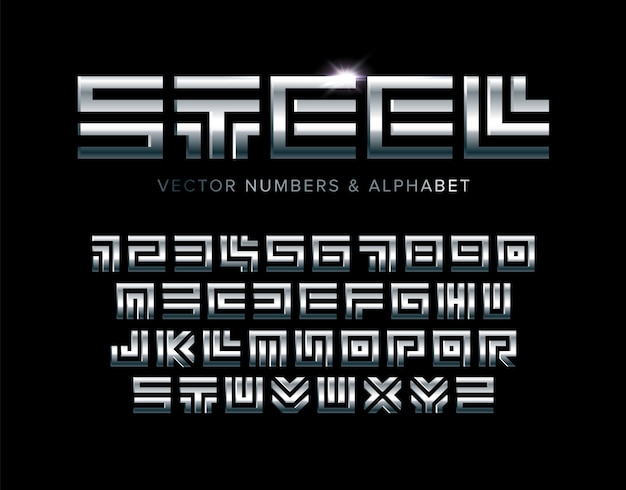 Set di lettere e numeri in acciaio. alfabeto latino in stile labirinto quadrato lucido.