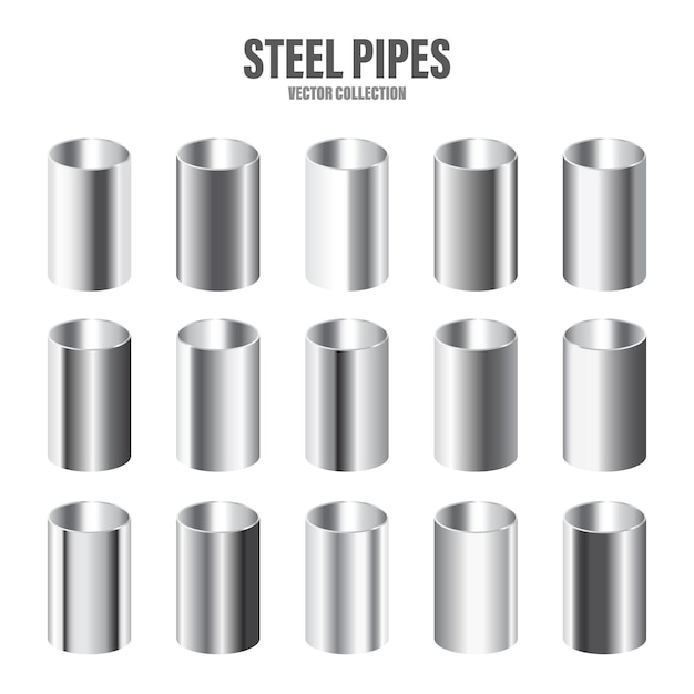 Vettore collezione di tubi d'acciaio materiale di costruzione texture metalliche lucidate gradiente argento illustrazione vettoriale