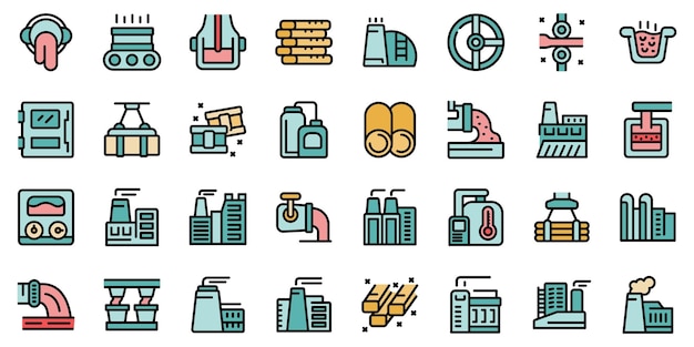 Steel Plant icons set outline vector Power pipe Work product thin line color flat on white