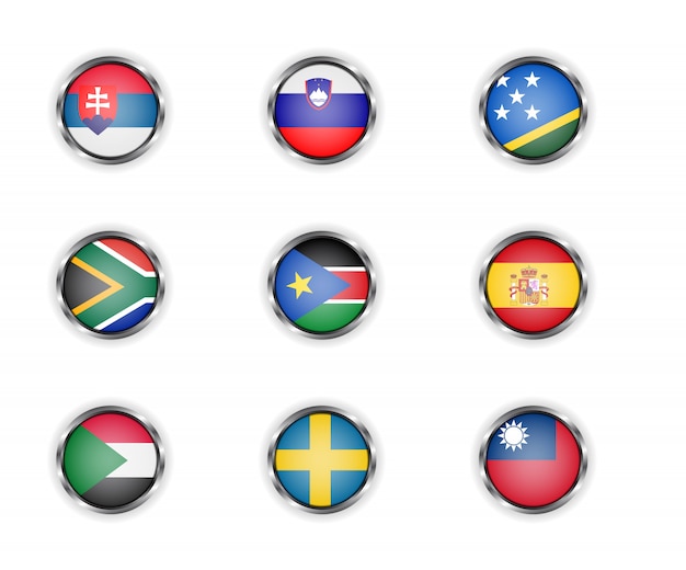 Steel round buttons with slovakia, slovenia, solomon islands, south africa, south sudan, spain, sudan, sweden and taiwan country flags