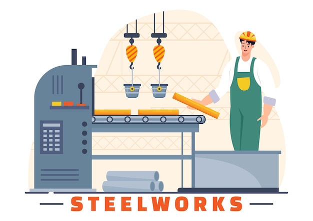 Vector steelworks illustration with resource mining smelting of metal in big foundry and hot steel pouring