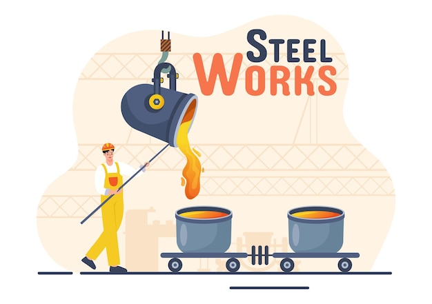 Vector steelworks illustration with resource mining smelting of metal in big foundry and hot steel pouring