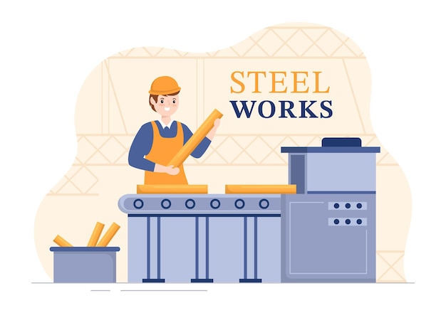Иллюстрация сталелитейного завода с добычей полезных ископаемых, выплавкой металла в большом литейном цехе и заливкой горячей стали