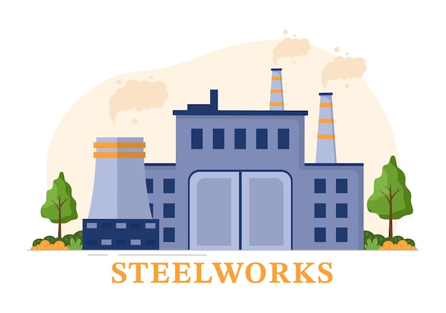 Steelworks Illustration with Resource Mining Smelting of Metal in Big Foundry and Hot Steel Pouring