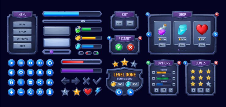Vector steen spel interface middeleeuwse ui spel knoppen
