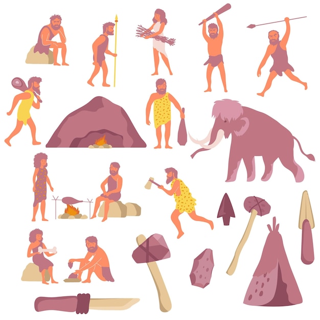 Vector steentijd platte set met geïsoleerde iconen van arbeidsinstrumenten grotten tenten en oude mensen karakters vector illustratie