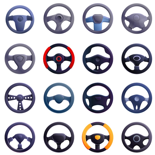 Steering wheel icons set, cartoon style