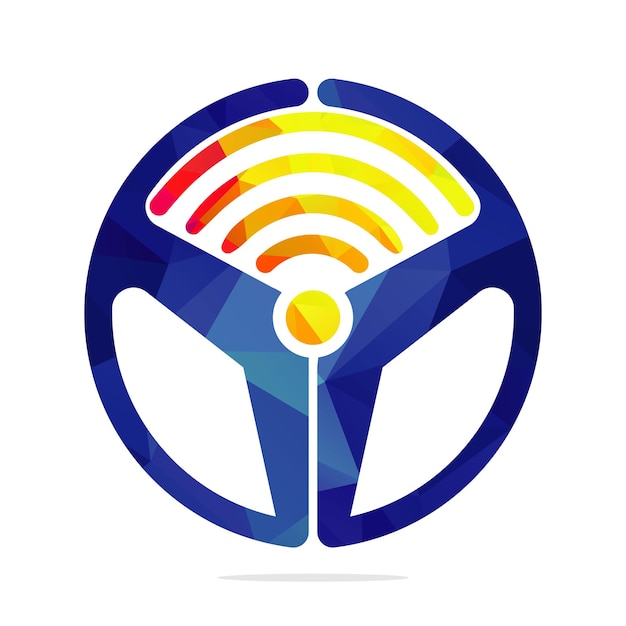 Disegno del logo dell'icona del volante e dei segnali wifi design vettoriale del logo dei segnali wi-fi di trasporto