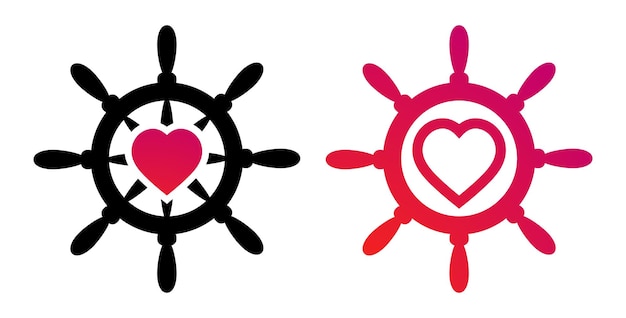 발렌타인 데이 또는 허니문을 축하하기 위한 하트 크리에이티브 로고 삽화가 있는 스티어링 휠