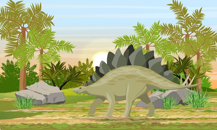 Stegosaurus in prehistoric forest. Prehistoric animals and plants. Scene from Mesozoic or Jurassic