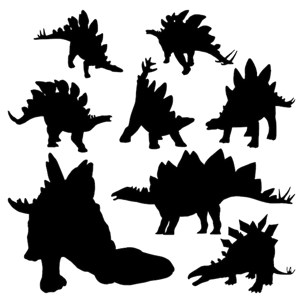 stegosaurus, 실루엣, 세트, 수집, 고립된, 검정, 백색 위에서, 배경, 벡터, 삽화