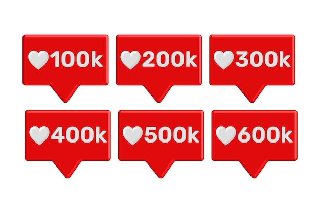 Stel 100k tot 600.000 volgers 3d-pictogramelementen in voor sociale media-bannerillustratievector