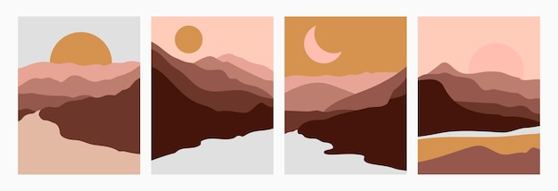 Stel abstract landschap van bergen en rivieren in met de zon in een minimale trendy stijl. vector achtergrond in terracotta kleuren voor covers, posters, ansichtkaarten, sociale media verhalen. boho kunst wordt afgedrukt.